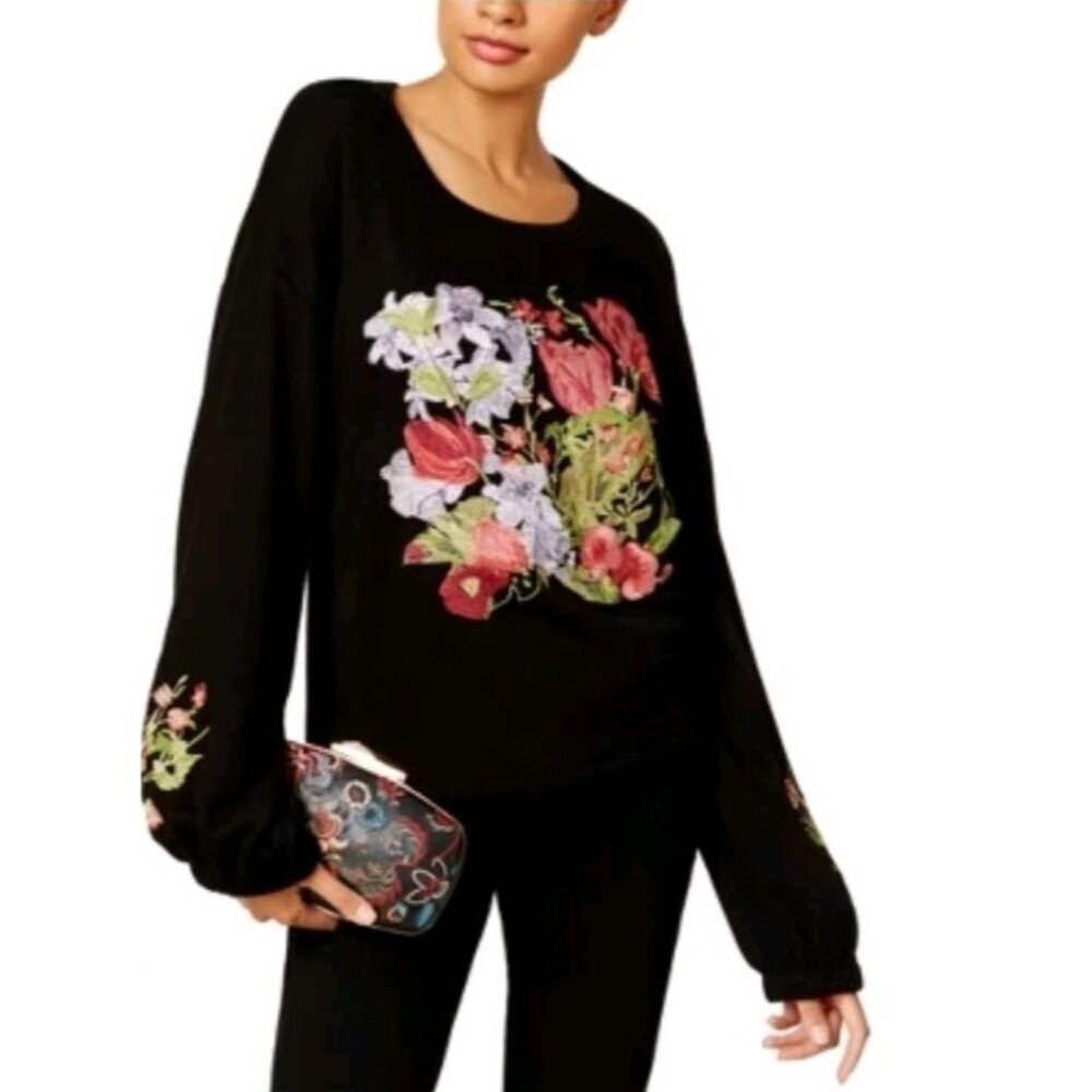 I.N.C Womens Floral  Embroidered Knit Sweater Black 1X NWT